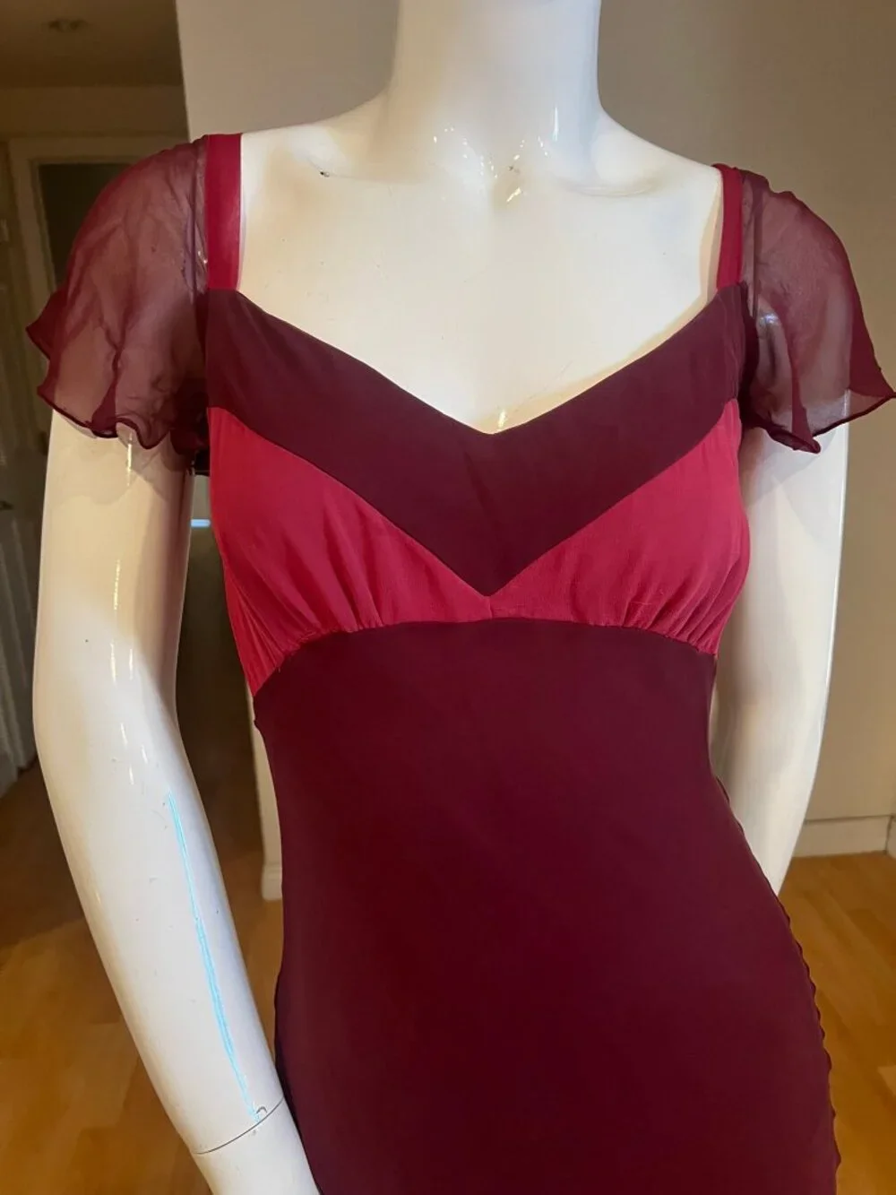 VINTAGE 90'S Y2K BETSEY JOHNSON RUFFLE COLORBLOCK SILK DRESS SZ 4 FAIRY GRUNGE - Picture 2 of 7